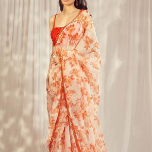 Luxurious Burnt Orange Star Organdie Saree Set - premium designer wear by Harshita Singhvi, crafted with elegance and sophistication