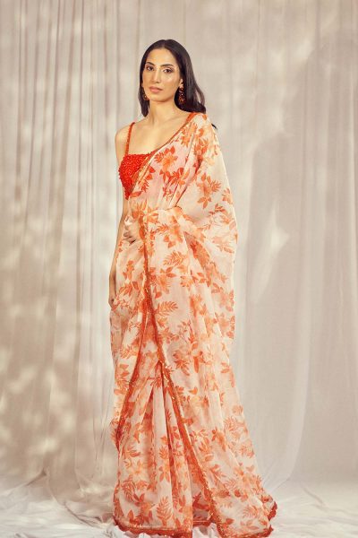 Luxurious Burnt Orange Star Organdie Saree Set - premium designer wear by Harshita Singhvi, crafted with elegance and sophistication