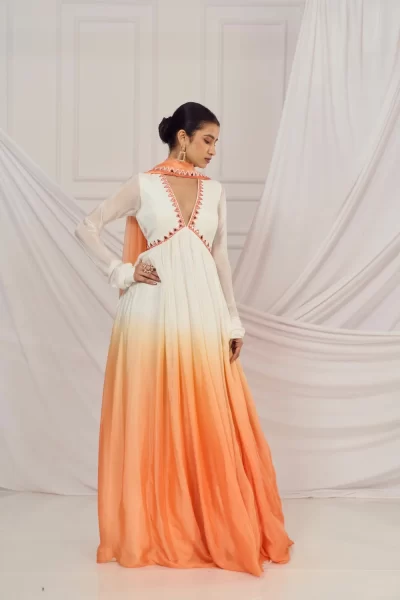 White and Peach Ombre Chinon Mirror-work Anarkali with Peach Mirror Embroidered Organza Dupatta