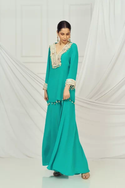 Rama Green mixed Embroidered Crepe Kurti with matching Rama Green Crepe Palazzo