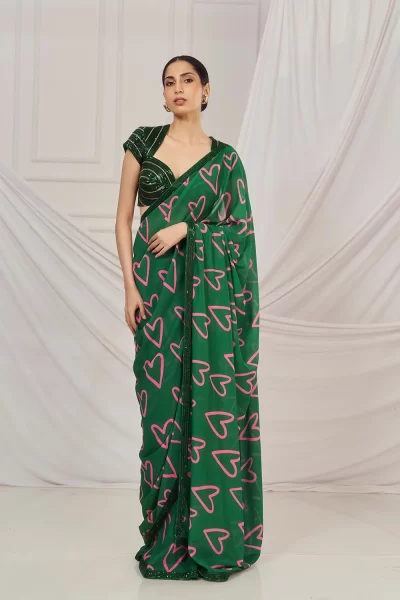 Dark Green Heart Saree Set