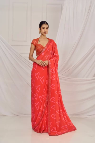 Red Heart Glitter Georgette Embroidered Saree paired with matching heavy Cutdana Embroidered Sweetheart Blouse