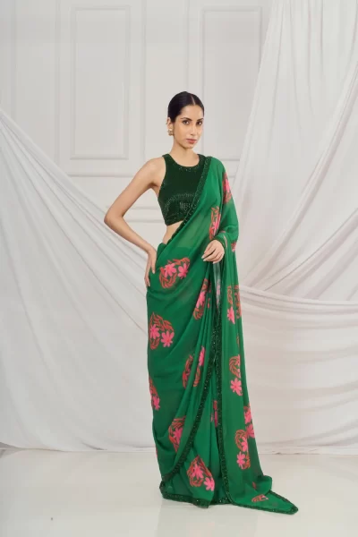 Dark Green Floral Heart Embroidered Glitter Georgette Saree paired with Dark Green Cutdana Heavy Embroidered In-cut Blouse