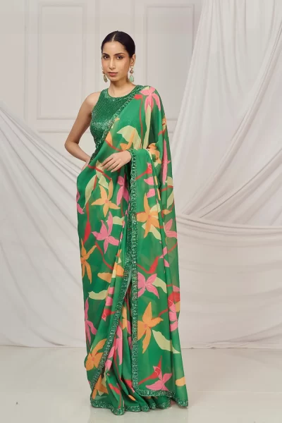 Leaf Green Floral Embroidered Glitter Georgette Saree paired with Leaf Green Cutdana Heavy Embroidered In-cut Blouse