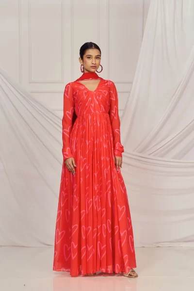 Red Heart Ruched Glitter Georgette Back Knot Anarkali paired with Red Crepe Dupatta with Scallop Embroidery