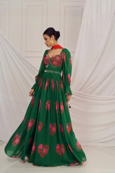 Dark Green Floral Heart British Sleeves with Salli Embroidered Anarkali and Red Crepe Dupatta with Scallop Embroidery