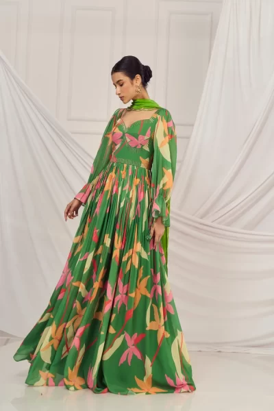 Leaf Green Floral Heart British Sleeves with Salli Embroidered Anarkali and Green Crepe Dupatta with Scallop Embroidery