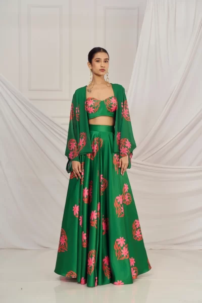 Dark Green Floral Heart Satin Silk Bustier with matching Printed Box Pleat Skirt and printed Glitter Georgette Kaftan Shrug