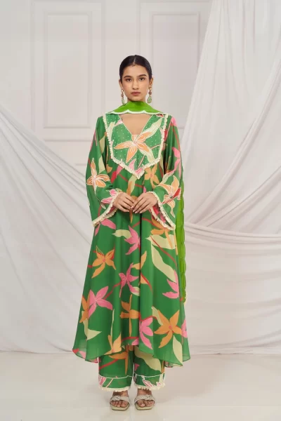 Leaf Green Glitter Georgette Embroidered Yoke Kurti with matching Embroidered Palazzo and Green Scallop Embroidered Dupatta
