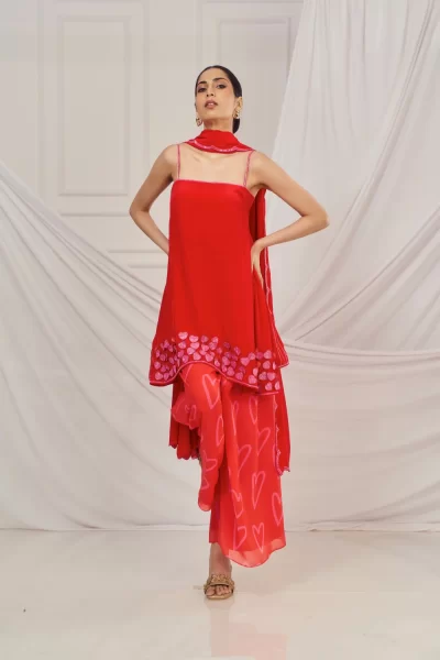 Red Crepe with 3D Hearts Embroidered Top paired with Red Heart Glitter Georgette Palazzo and Red Crepe Scallop Embroidered Dupatta