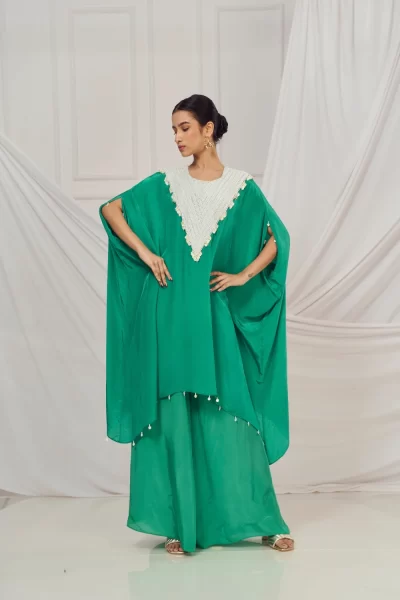 Rama Green Embroidered Kaftan with matching Crepe Palazzo