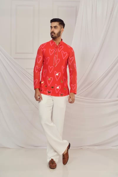Red Heart Print Kurta with Elephant Motifs.