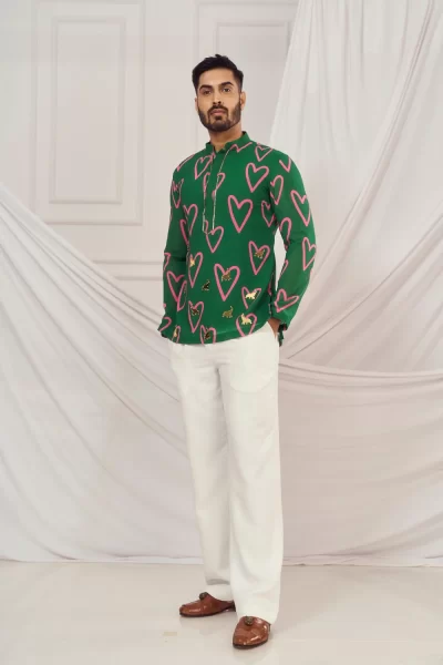 Dark Green Heart Print Kurta with Elephant Motifs.