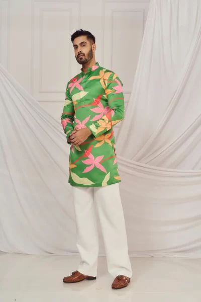 Leaf Green Floral Print Satin Silk Kurta.