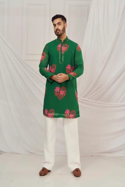 Dark Green Floral Heart Print Kurta with Salli Embroidery.