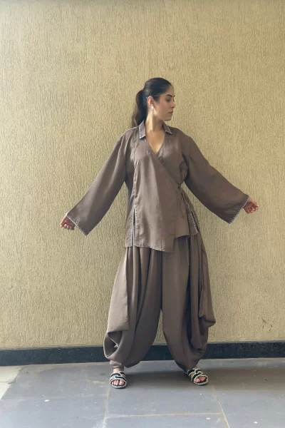 Mocha Overlap Shirt with Tulip Pant Set.