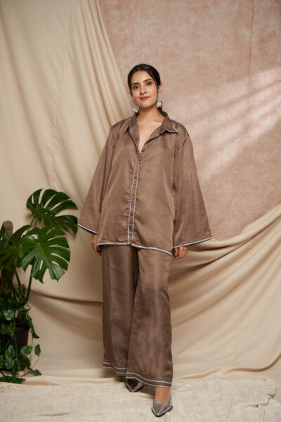 Mocha Shirt Pant with Triangle Embroidery Set.