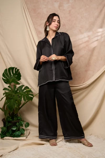 Black Shirt Pant with Triangle Embroidery Set.