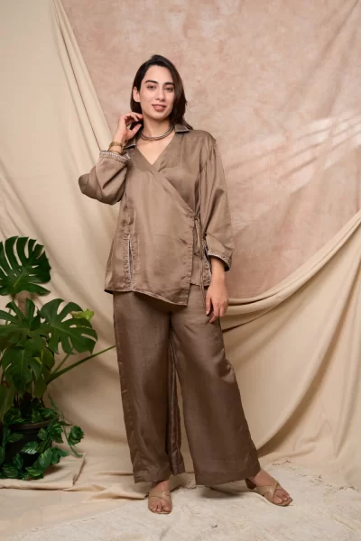 Mocha Overlap Shirt with Pant Set.