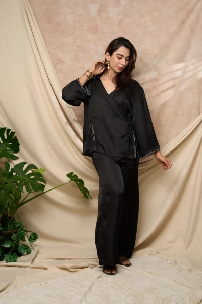 Black Overlap Shirt with Pant Set.