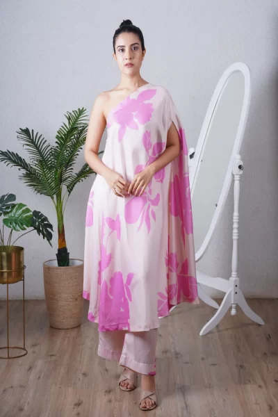 Candy Pink One Shoulder Kaftan Set