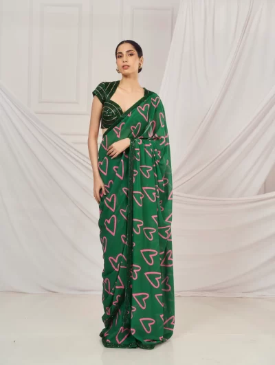 Dark Green Heart Glitter Georgette Embroidered Saree paired with matching heavy Cutdana Embroidered Sweetheart Blouse