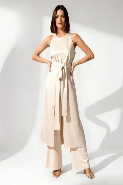 Ivory Imported Satin Layered Co-ord Set with Belt.
