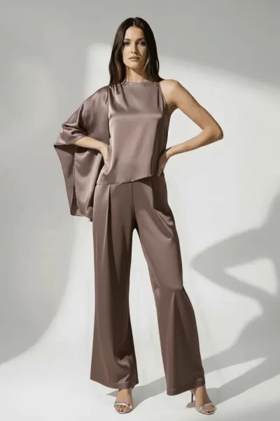 Mocha Imported Satin One Side Kimono Co-ord Set.
