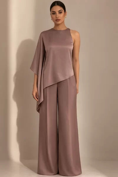 Mocha Imported Satin One Side Kimono Co-ord Set.