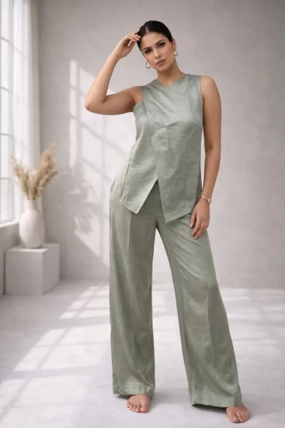Mint Green Overlap Imported Satin Co-ord Set