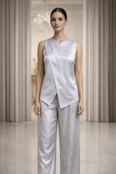 Steel Grey Overlap Imported Satin Co-ord SetWestern Wear