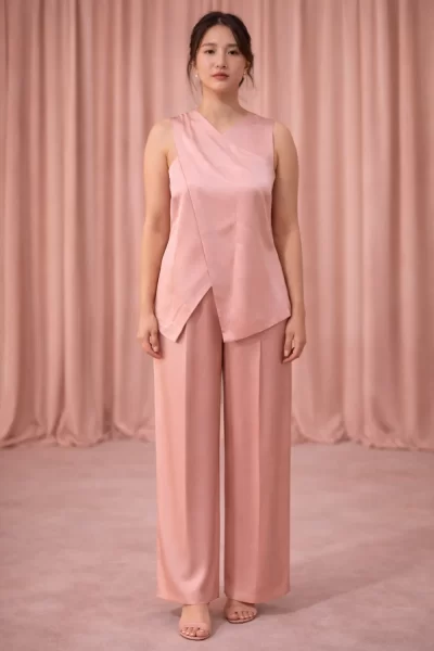 Peach Overlap Imported Satin Co-ord Set