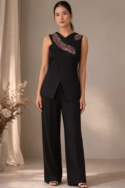 Black Overlap Leaf Embroidery Imported Satin Co-ord Set