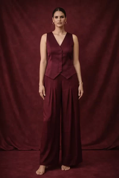 Wine Imported Satin Vest and Flared Pant Co-ord Set