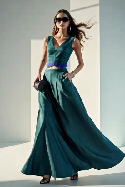 Green Denim Vest and Skirt Co-ord Set