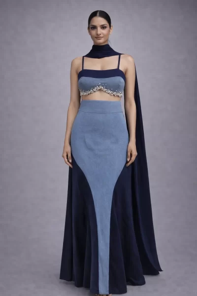 Blue Denim Pearl Embroidery Draped Saree Set