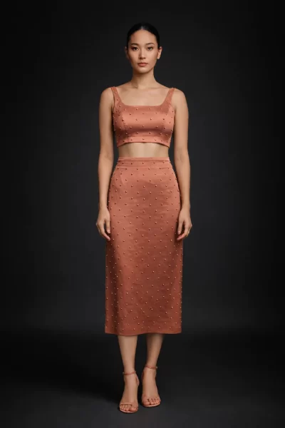 Rust Imported Satin Embroidered Blouse and Skirt Co-ord Set