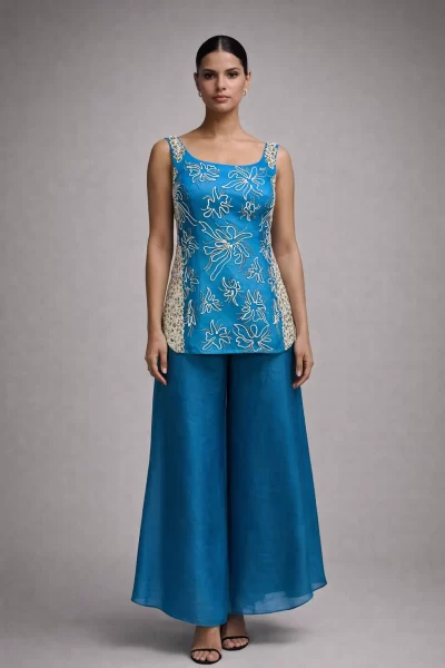 Teal Blue Silk Pearl and Sequin Embroidered Short Kurti Set