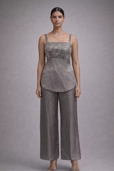 Coffee Soft Glass Tissue Organza Floral Cutdana and Diamond Embroidered Co-ord Set