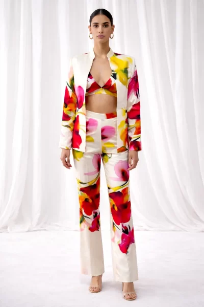 Ivory Satin Multi-Floral Print Blazer Set