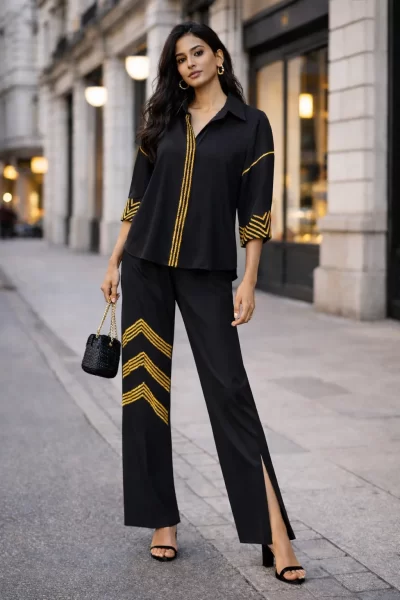Black Volvo Triangle Sequin Embroidered Shirt Co-ord Set