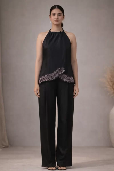 Black Imported Satin Leaf Embroidery Set
